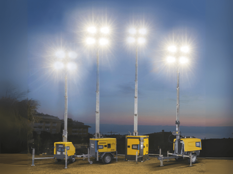 Atlas Copco HiLight lichtmasten op bouwplaats – energiezuinig, stille LED-verlichting, flexibel inzetbaar bij evenementen en industriële projecten