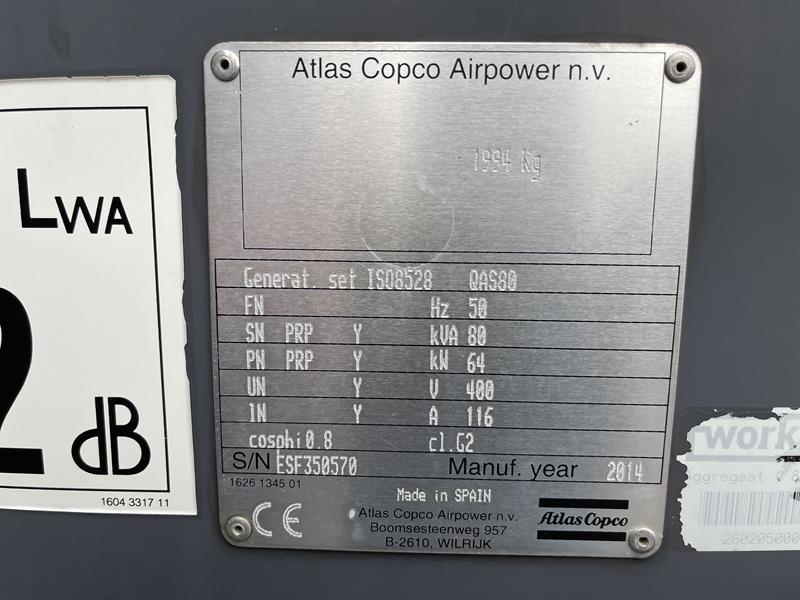 CE specifications plate of an Atlas Copco generator at Fimatec