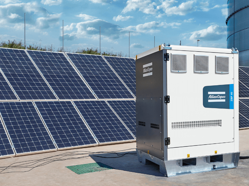 Atlas Copco ZBP 45 Battery from Fimatec with solar panels on the construction site