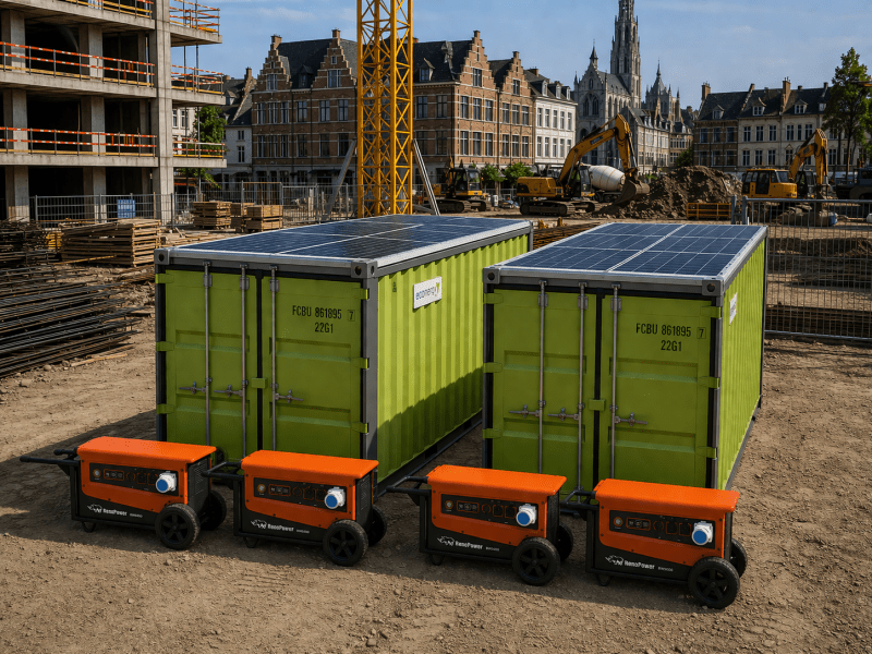 Solar panels on construction site containers. Batteries that capture the energy provided by the solar panels. Fimatec.